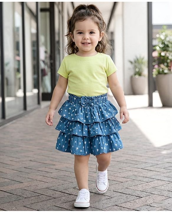 Babyhug Denim Mid Thigh Skirts With Heart Print - Blue