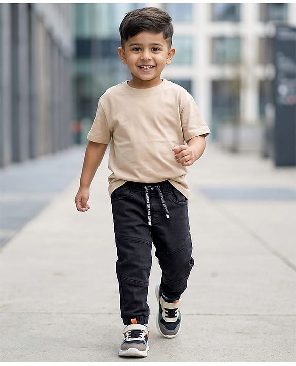 Babyhug Denim Washed Full Length Solid Colour Jeans with Cut & Sew Design & Strech - Black