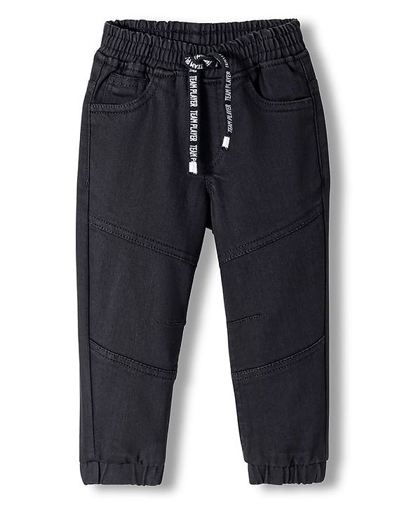 Babyhug Denim Washed Full Length Solid Colour Jeans with Cut & Sew Design & Strech - Black