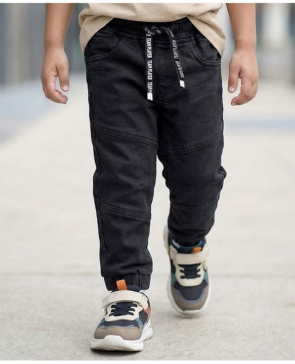 Babyhug Denim Washed Full Length Solid Colour Jeans with Cut & Sew Design & Strech - Black