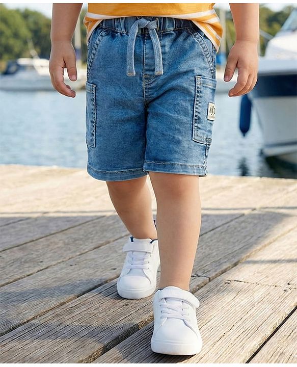 Babyhug Denim Mid Thigh Length Shorts with Stretch & NYC Patch - Blue