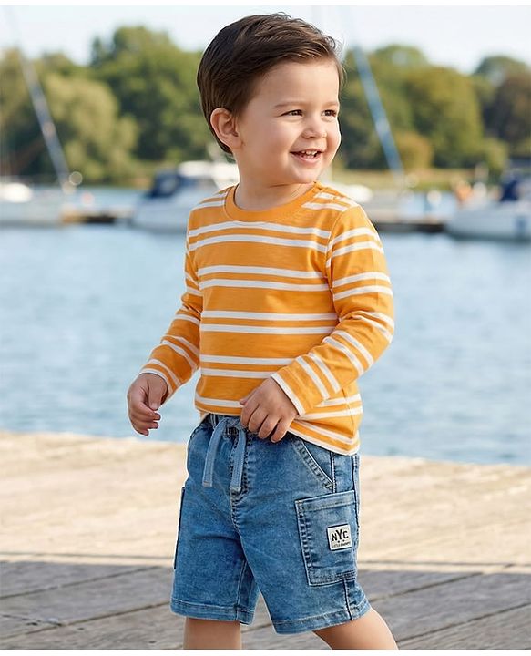 Babyhug Denim Mid Thigh Length Shorts with Stretch & NYC Patch - Blue