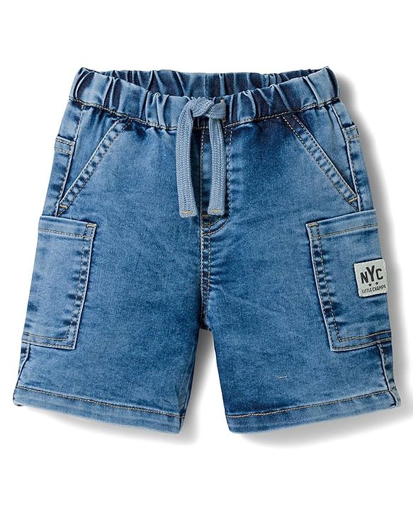 Babyhug Denim Mid Thigh Length Shorts with Stretch & NYC Patch - Blue