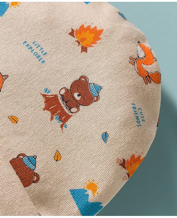 Babyhug 100% Cotton Interlock Knit Cap Mittens & Booties Set With Bear Print Peach - Diameter 17 cm