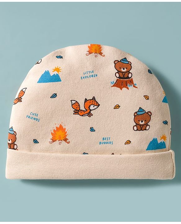 Babyhug 100% Cotton Interlock Knit Cap Mittens & Booties Set With Bear Print Peach - Diameter 17 cm
