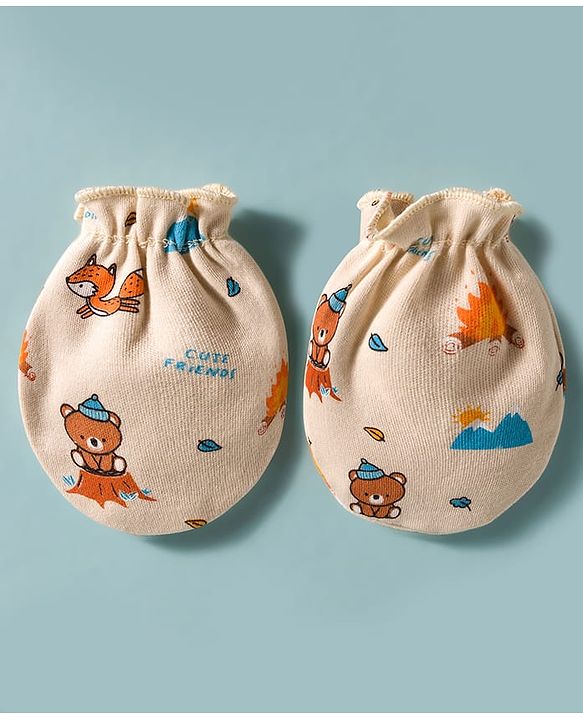 Babyhug 100% Cotton Interlock Knit Cap Mittens & Booties Set With Bear Print Peach - Diameter 17 cm