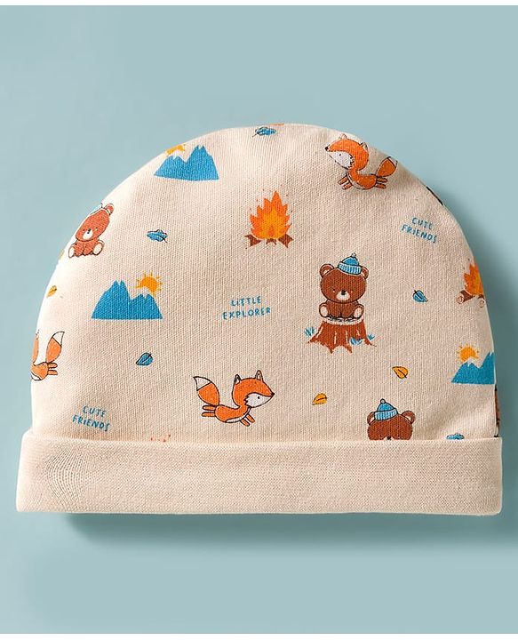 Babyhug 100% Cotton Interlock Knit Cap Mittens & Booties Set With Bear Print Peach - Diameter 17 cm