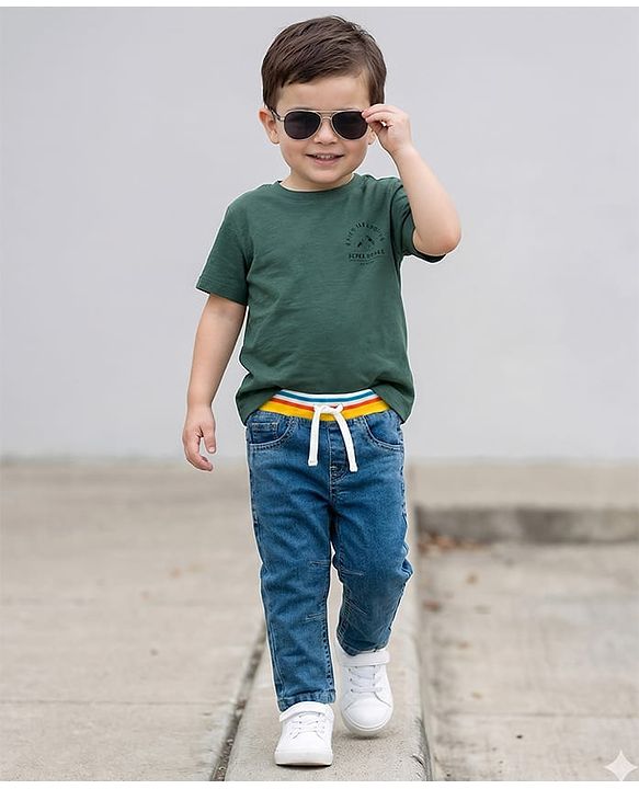 Babyhug Denim Full Length Solid Jeans with Stretch - Blue