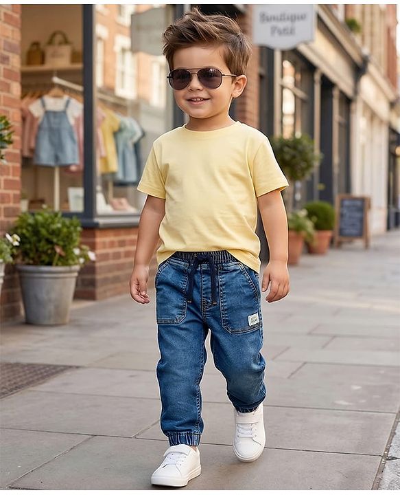 Babyhug Full Length Washed Denim Jeans with Stretch - Blue