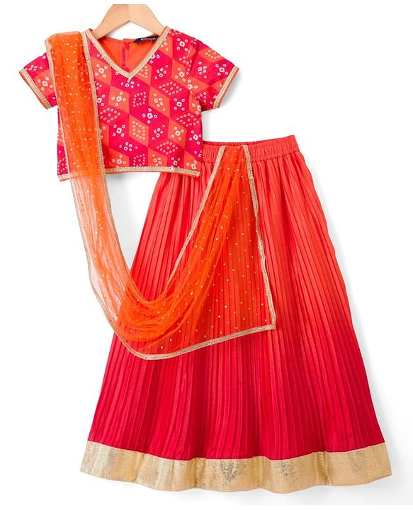 Pine Kids Woven Half Sleeves Printed Choli Lehenga Set with Dupatta - Multicolor