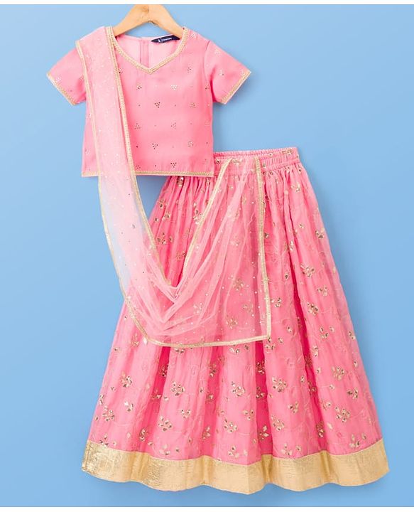Pine Kids Woven Half Sleeves Choli Lehenga Set with Dupatta & Rhinestone Detailing - Pink