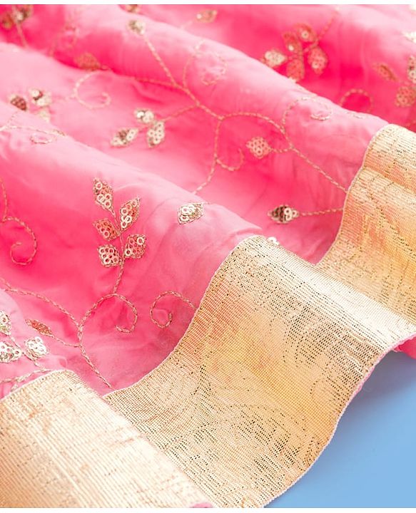 Pine Kids Woven Half Sleeves Choli Lehenga Set with Dupatta & Rhinestone Detailing - Pink