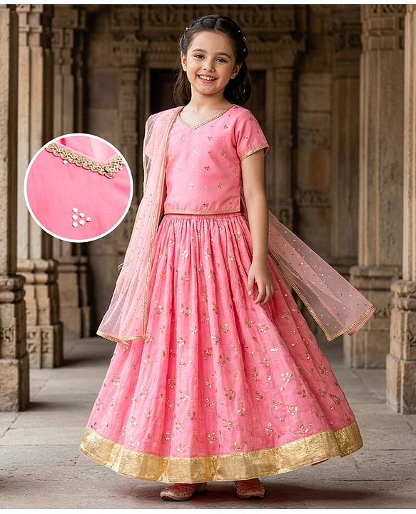 Pine Kids Woven Half Sleeves Choli Lehenga Set with Dupatta & Rhinestone Detailing - Pink
