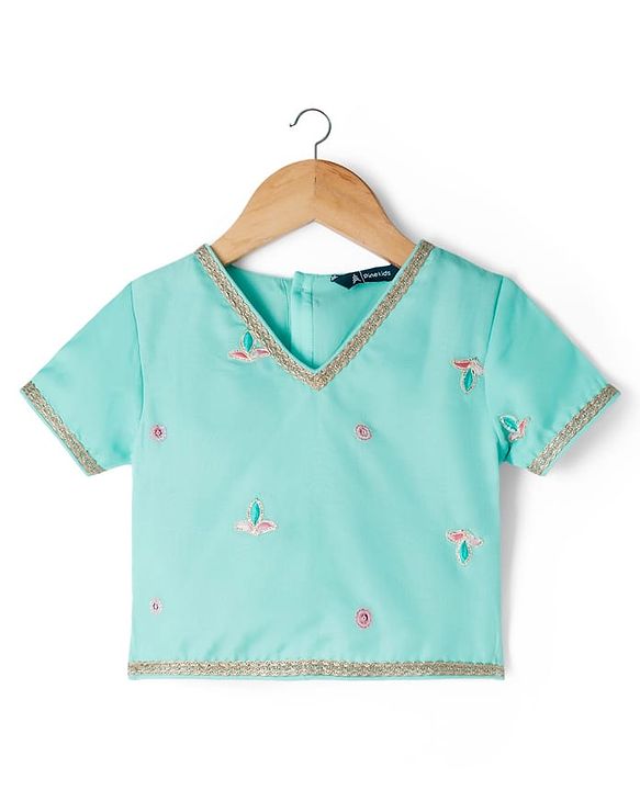 Pine Kids Woven Half Sleeves Choli Lehenga Set with Dupatta Embroidery & Sequin Detailing - Teal Blue