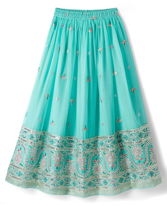 Pine Kids Woven Half Sleeves Choli Lehenga Set with Dupatta Embroidery & Sequin Detailing - Teal Blue