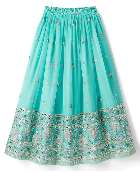 Pine Kids Woven Half Sleeves Choli Lehenga Set with Dupatta Embroidery & Sequin Detailing - Teal Blue