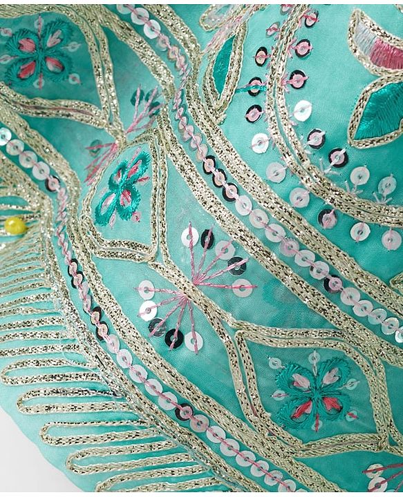 Pine Kids Woven Half Sleeves Choli Lehenga Set with Dupatta Embroidery & Sequin Detailing - Teal Blue