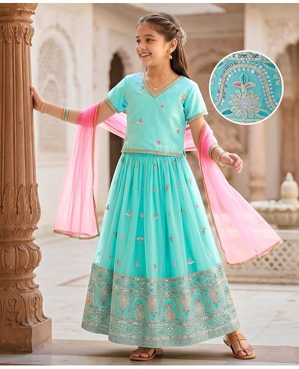 Pine Kids Woven Half Sleeves Choli Lehenga Set with Dupatta Embroidery & Sequin Detailing - Teal Blue