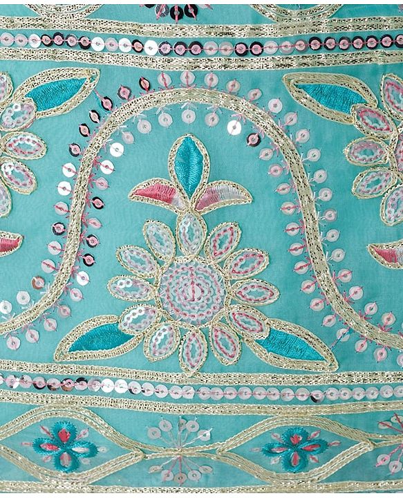 Pine Kids Woven Half Sleeves Choli Lehenga Set with Dupatta Embroidery & Sequin Detailing - Teal Blue