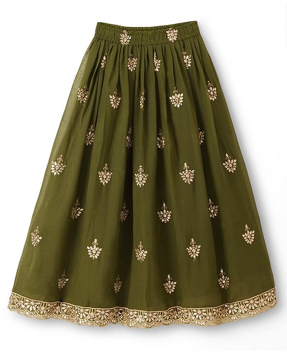 Pine Kids Woven Half Sleeves Lehenga Choli Set With Floral Embroidery & Sequin Detailing & Dupatta - Olive Green