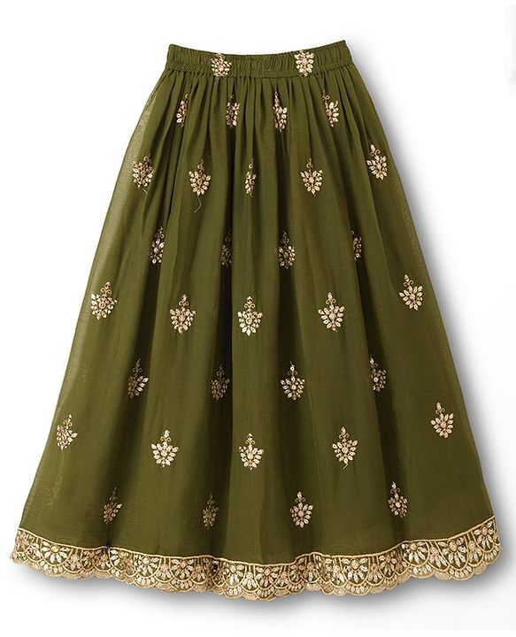 Pine Kids Woven Half Sleeves Lehenga Choli Set With Floral Embroidery & Sequin Detailing & Dupatta - Olive Green