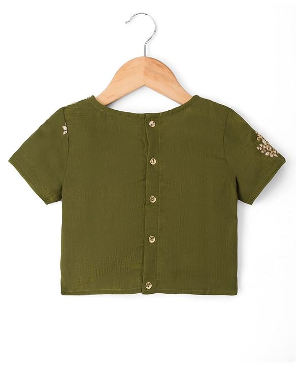 Pine Kids Woven Half Sleeves Lehenga Choli Set With Floral Embroidery & Sequin Detailing & Dupatta - Olive Green