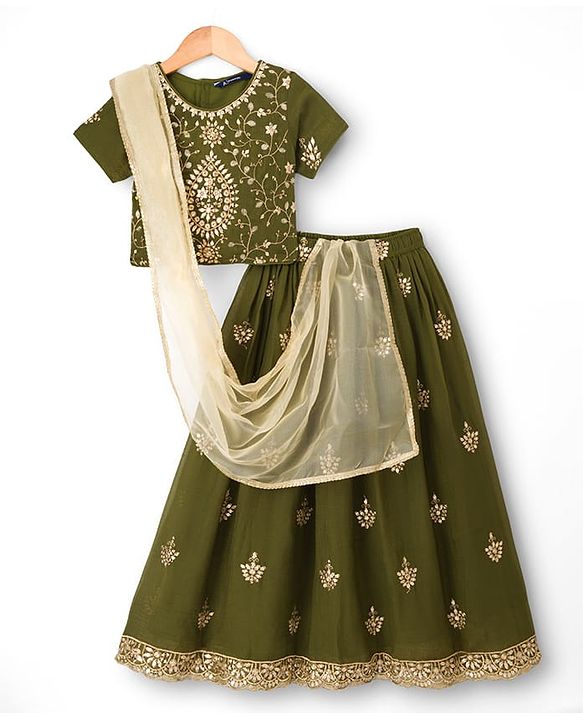 Pine Kids Woven Half Sleeves Lehenga Choli Set With Floral Embroidery & Sequin Detailing & Dupatta - Olive Green