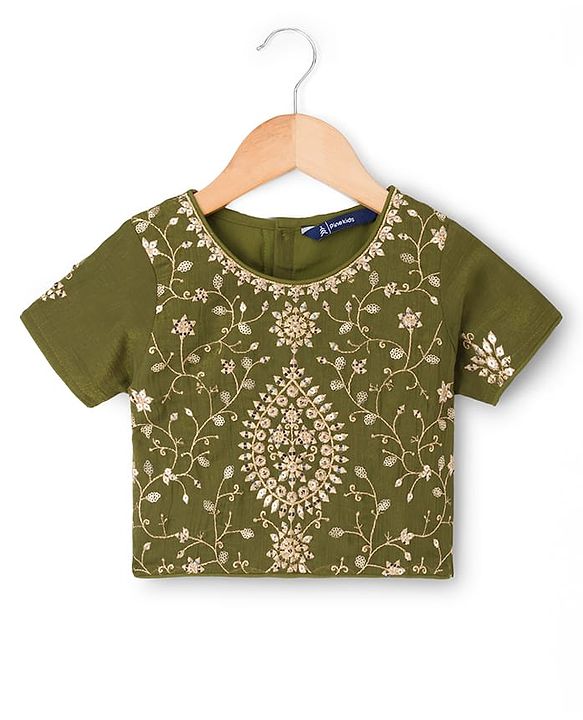 Pine Kids Woven Half Sleeves Lehenga Choli Set With Floral Embroidery & Sequin Detailing & Dupatta - Olive Green