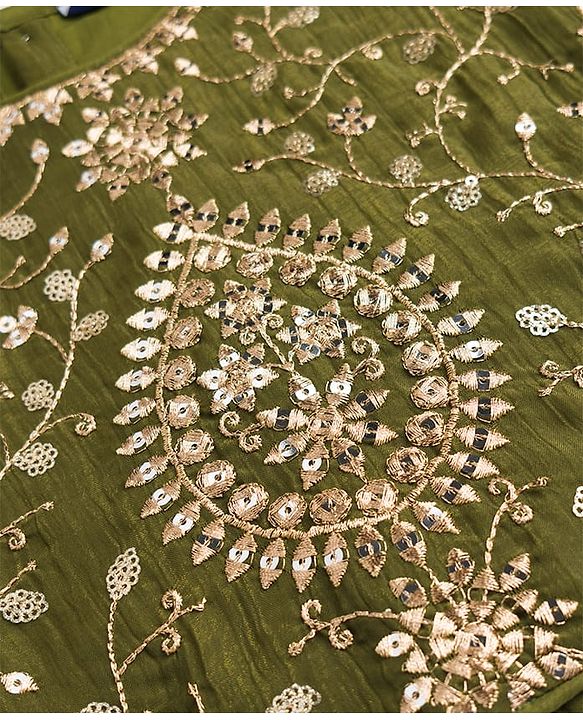 Pine Kids Woven Half Sleeves Lehenga Choli Set With Floral Embroidery & Sequin Detailing & Dupatta - Olive Green