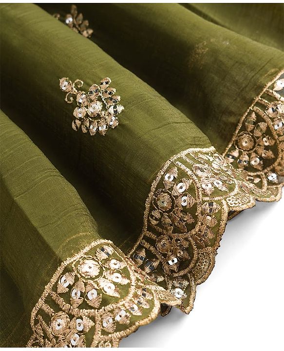 Pine Kids Woven Half Sleeves Lehenga Choli Set With Floral Embroidery & Sequin Detailing & Dupatta - Olive Green