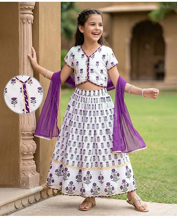 Pine Kids Woven Half Sleeves Floral Printed Choli Lehenga Set with Duapatta - White