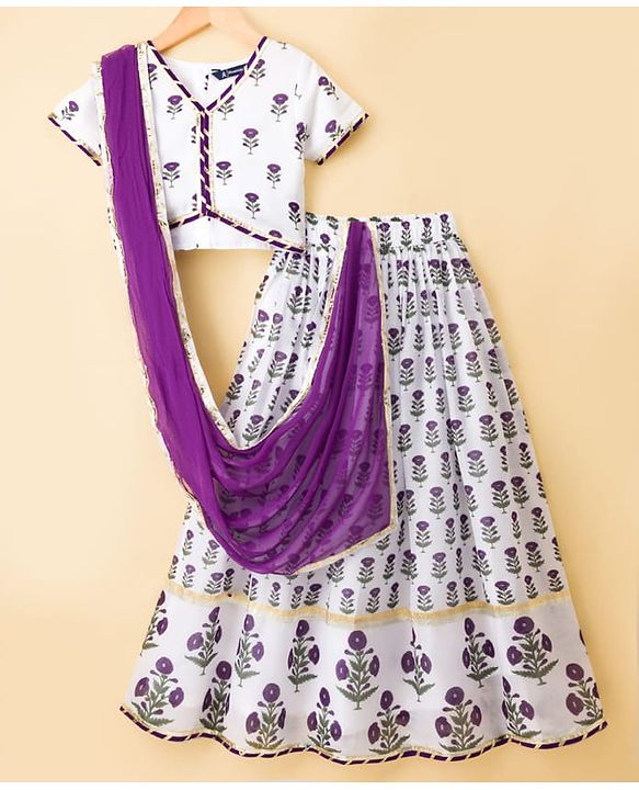 Pine Kids Woven Half Sleeves Floral Printed Choli Lehenga Set with Duapatta - White