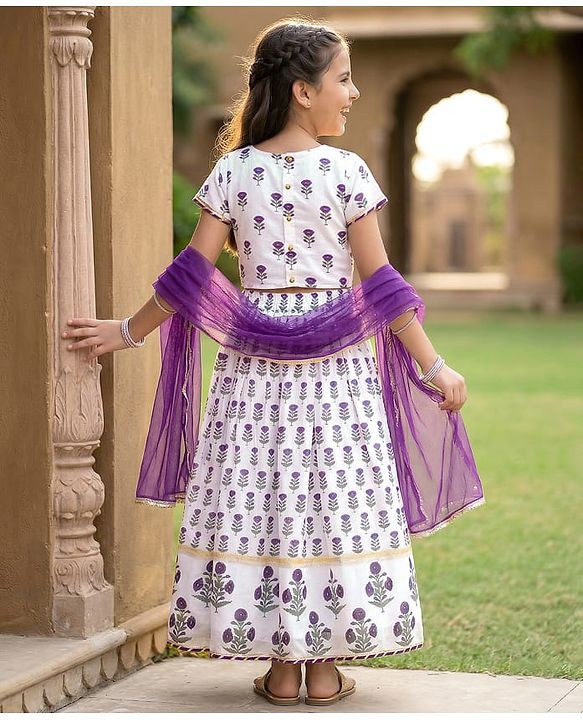 Pine Kids Woven Half Sleeves Floral Printed Choli Lehenga Set with Duapatta - White