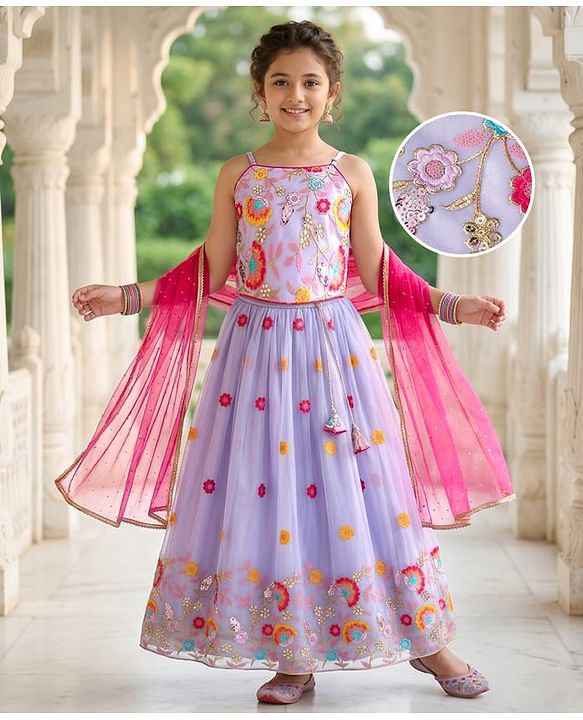 Pine Kids Woven Sleeveless Choli Lehenga Set with Dupatta Embroidery & Sequin Detailing - Lilac
