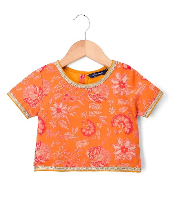 Pine Kids Woven Half Sleeves Floral Printed Choli Lehenga Set with Dupatta & Sequin Detailing - Orange & Pink