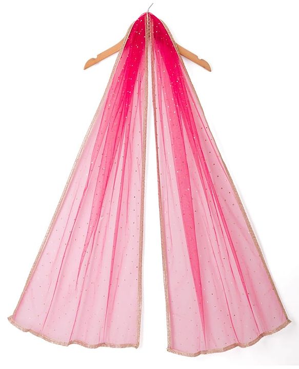 Pine Kids Woven Half Sleeves Floral Printed Choli Lehenga Set with Dupatta & Sequin Detailing - Orange & Pink