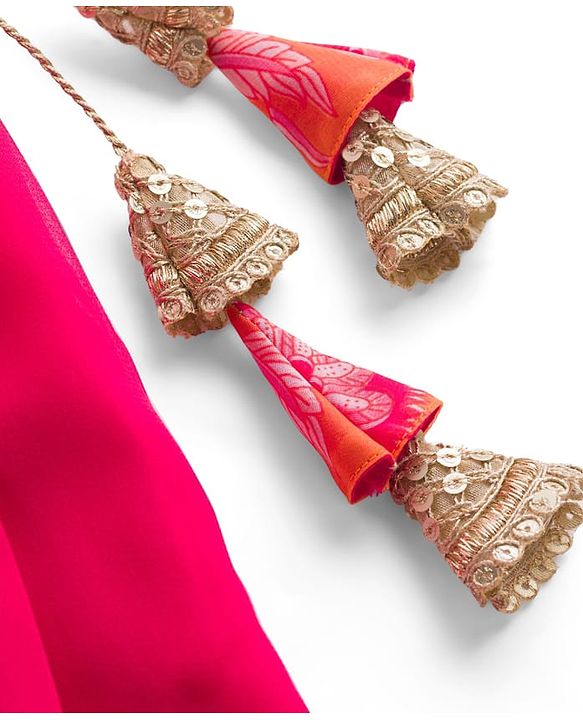 Pine Kids Woven Half Sleeves Floral Printed Choli Lehenga Set with Dupatta & Sequin Detailing - Orange & Pink