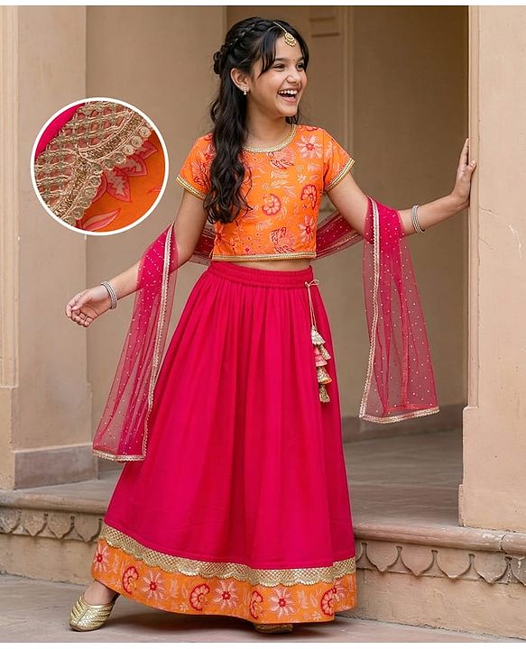 Pine Kids Woven Half Sleeves Floral Printed Choli Lehenga Set with Dupatta & Sequin Detailing - Orange & Pink