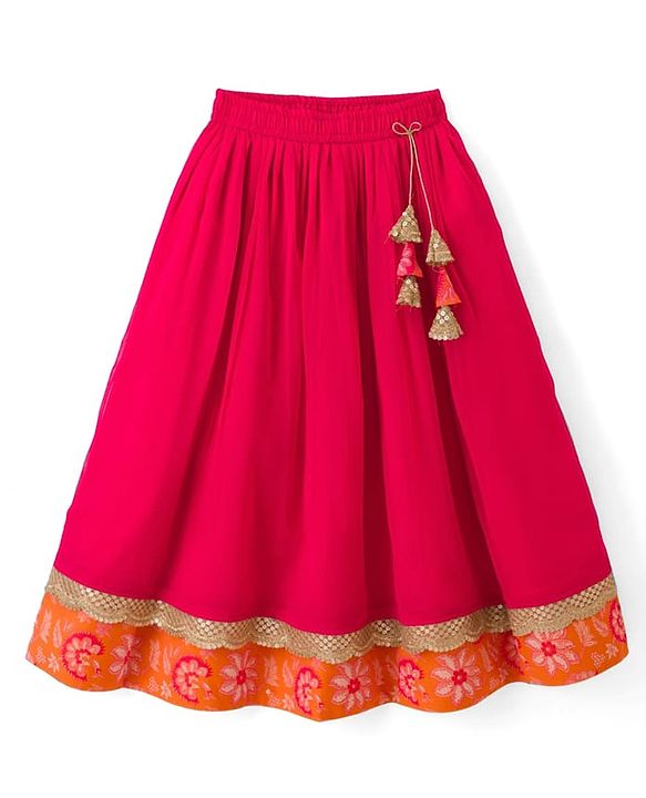 Pine Kids Woven Half Sleeves Floral Printed Choli Lehenga Set with Dupatta & Sequin Detailing - Orange & Pink
