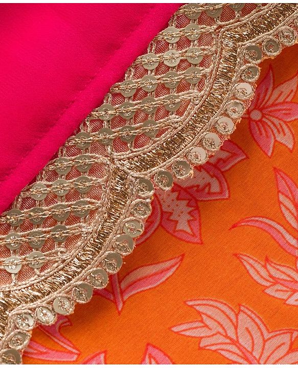 Pine Kids Woven Half Sleeves Floral Printed Choli Lehenga Set with Dupatta & Sequin Detailing - Orange & Pink