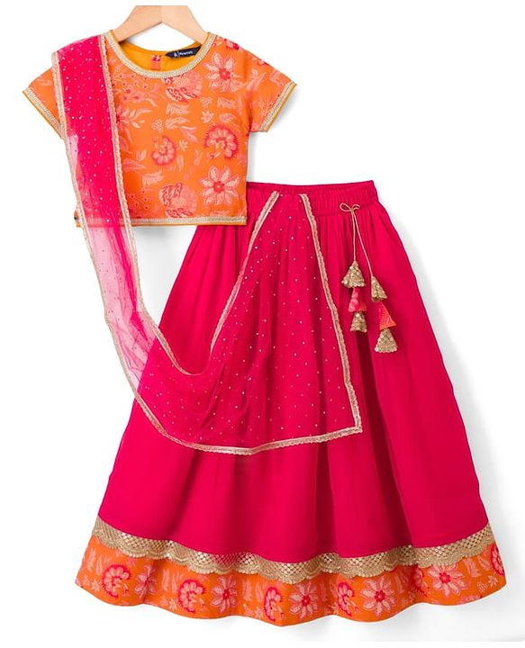 Pine Kids Woven Half Sleeves Floral Printed Choli Lehenga Set with Dupatta & Sequin Detailing - Orange & Pink