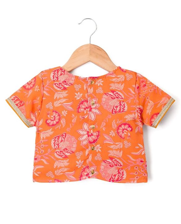 Pine Kids Woven Half Sleeves Floral Printed Choli Lehenga Set with Dupatta & Sequin Detailing - Orange & Pink