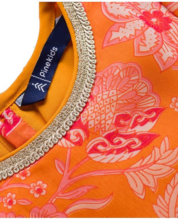Pine Kids Woven Half Sleeves Floral Printed Choli Lehenga Set with Dupatta & Sequin Detailing - Orange & Pink