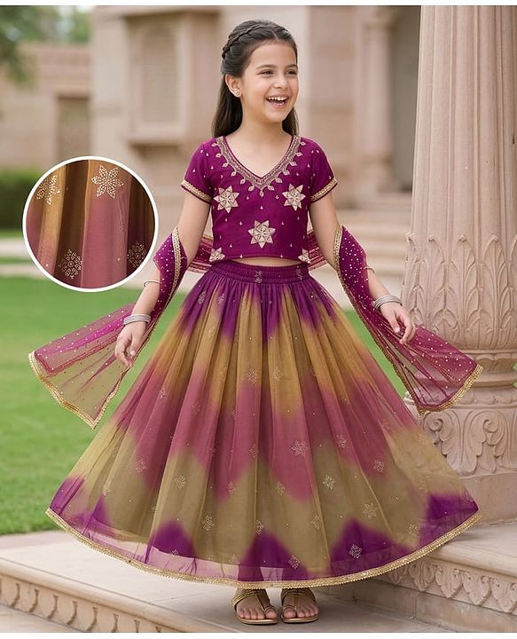 Pine Kids Woven Half Sleeves Embroidered Choli Lehenga Set With Dupatta - Multicolour
