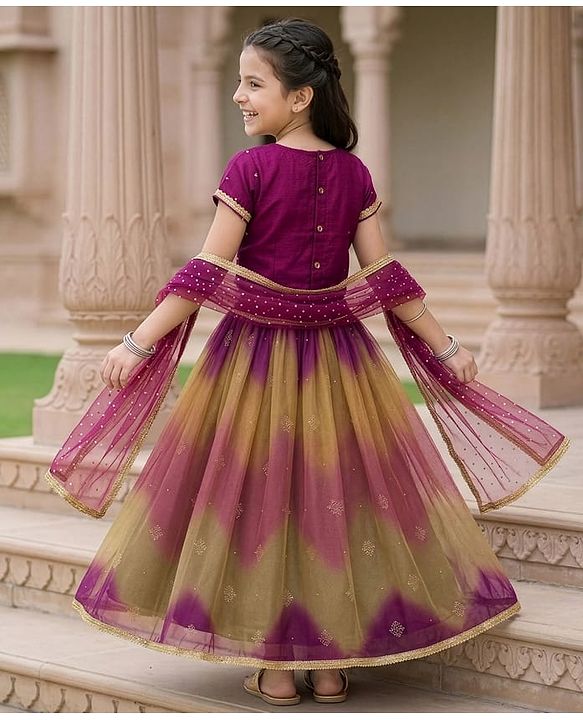 Pine Kids Woven Half Sleeves Embroidered Choli Lehenga Set With Dupatta - Multicolour