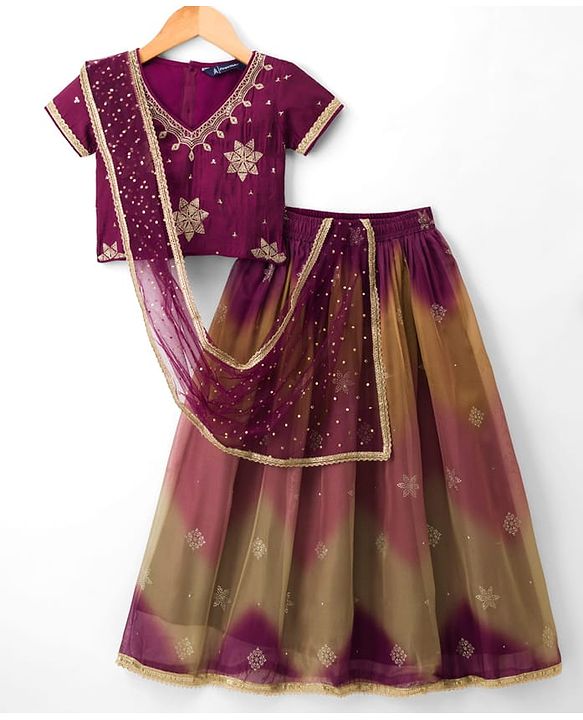 Pine Kids Woven Half Sleeves Embroidered Choli Lehenga Set With Dupatta - Multicolour