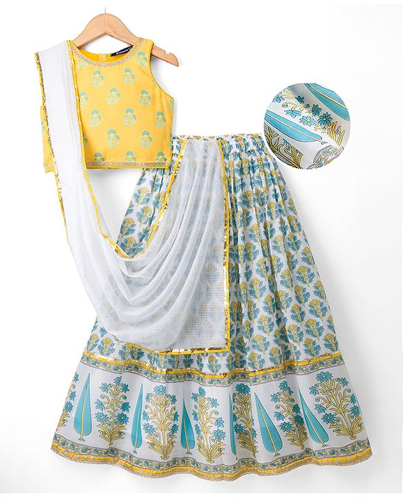 Pine Kids Woven Sleeveless Lehenga Choli Set With Floral Print & Dupatta - White