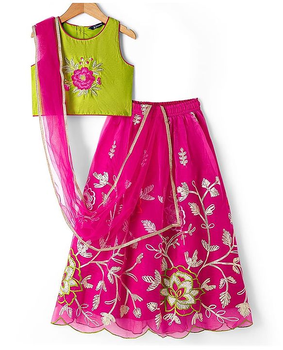 Pine Kids Viscose Woven Sleeveless Choli Lehenga Set with Dupatta & Floral Embroidery - Light Green & Dark Pink