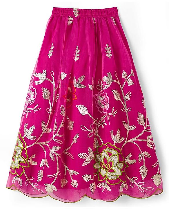 Pine Kids Viscose Woven Sleeveless Choli Lehenga Set with Dupatta & Floral Embroidery - Light Green & Dark Pink