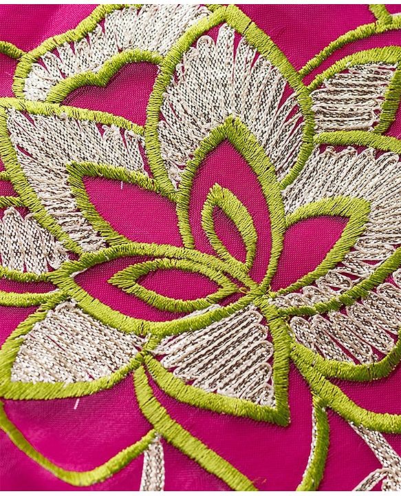 Pine Kids Viscose Woven Sleeveless Choli Lehenga Set with Dupatta & Floral Embroidery - Light Green & Dark Pink